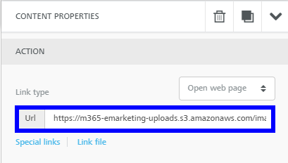 Image showing the 'Content Properties' tab of a Button, showing that the 'URL' field has been populated with the path to our attachment in the File Manager.