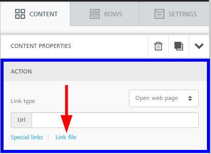 Image indicating the 'Link File' button beneath the field for a URL when editing the Content Properties of a Button in the Email Builder.