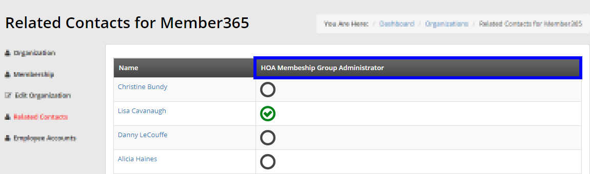 Image showing how the 'Related Contacts' page looks for an Organization Record. Note the Group Membership associated to this organization can be seen.