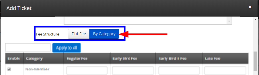 Image indicating the 'Fee Category' button when configuring an Event Ticket.