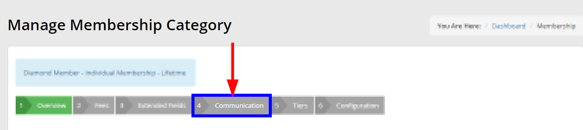 Image showing the Communication Tab when editing a Membership Category.