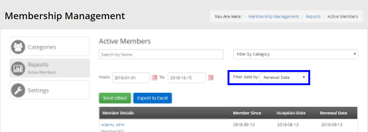Filter by 'Renewal Date' to generate a list of members who have renewal dates within the specified range. Filter by 'Member Since' to generate a list of members whose memberships became active during the selected range.