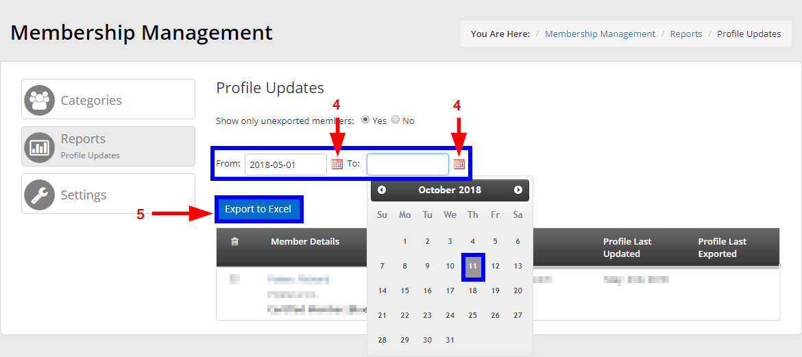 Click the calendar icons to adjust the report dates. Click 'Export to Excel' to download the spreadsheet.