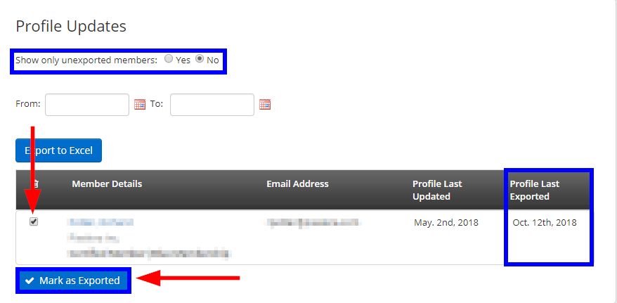 Check the box next to the member name in the chart, then click 'Mark as Exported' to mark a member as exported.