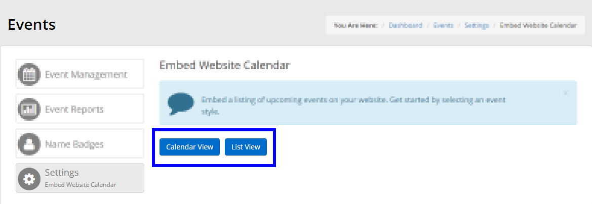 Image indicating the location of the 'Calendar View' and 'List View' buttons. Click either to access HTML code.