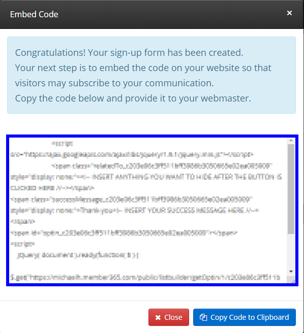 Pop-up window with the HTML code to copy and paste.