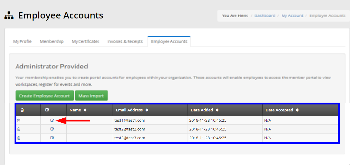 Image showing a list of Employee Accounts that were created from the previous screenshot.
