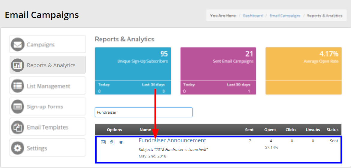 Example image using the search bar to locate an Email Campaign on the 'Reports & Analytics' page.