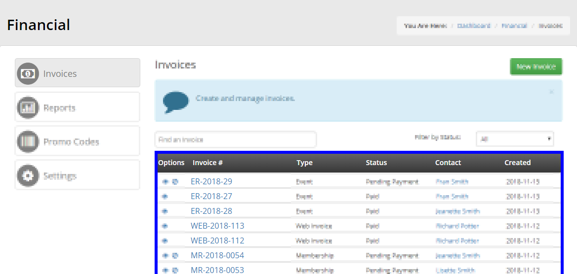 Image showing the Invoice Management page, and indicating a list of invoices as an example.