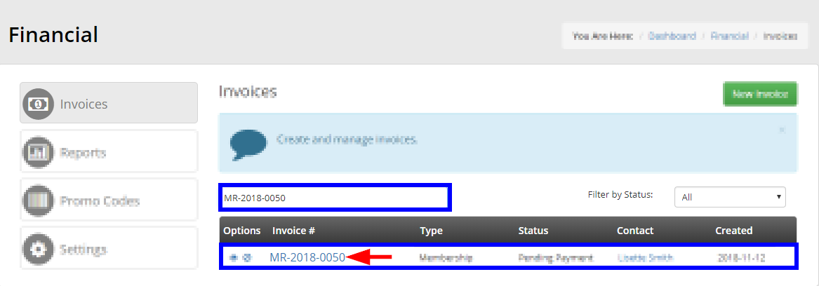 Image showing an example of using the search bar to locate a specific invoice.
