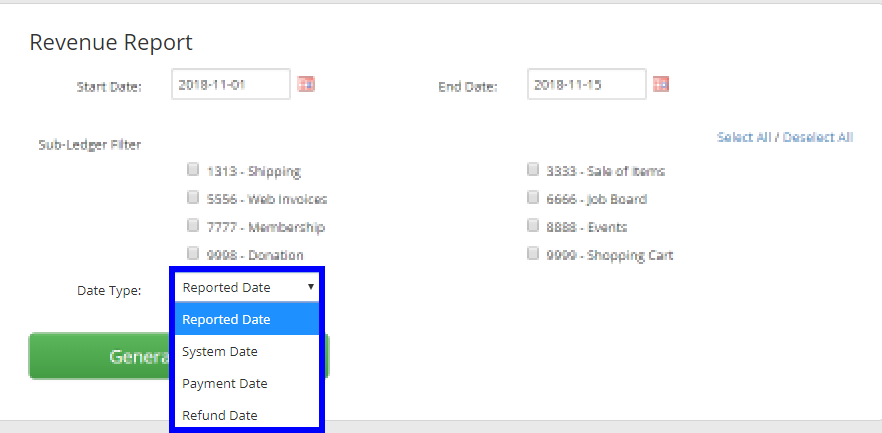 Image showing the 'Date Type' drop-down menu when generating a Revenue Report, and showing the options available.