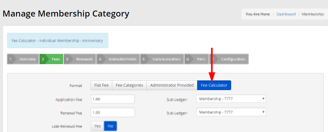 Image indicating the 'Fee Calculator' option when configuring Membership Fees.