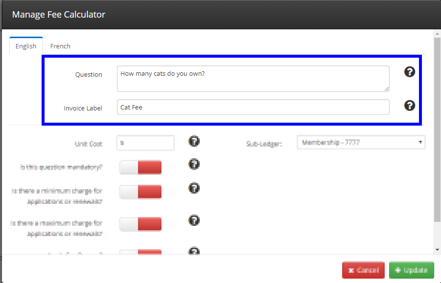 Image showing the Fee Calculator setup. Specifying a question ("How many cats do you own?") and the Invoice Label.