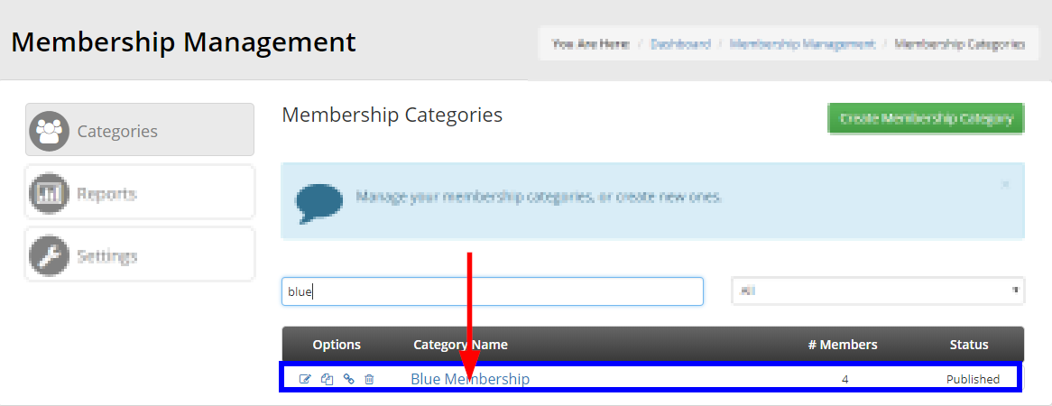 Image showing the list of Membership Categories, searching 'Blue' with an arrow pointing to a category named 'Blue Membership'.