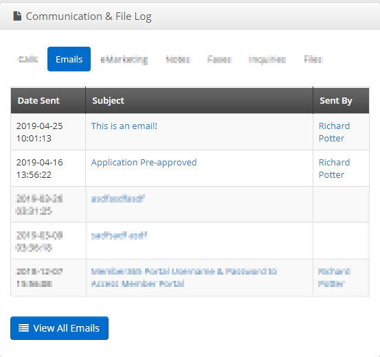 Image showing the 'Emails' tab of the Communication & File log, with emails listed.