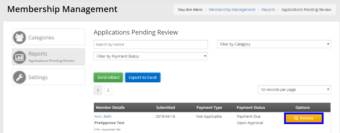Image showing the 'Applications Pending Review' page, indicating the 'Review' button next to someone's name.