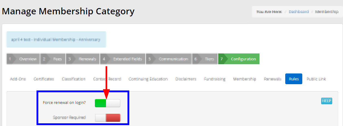 Image indicating the 'Force Renewal on Login' toggle for a Membership Category setup.