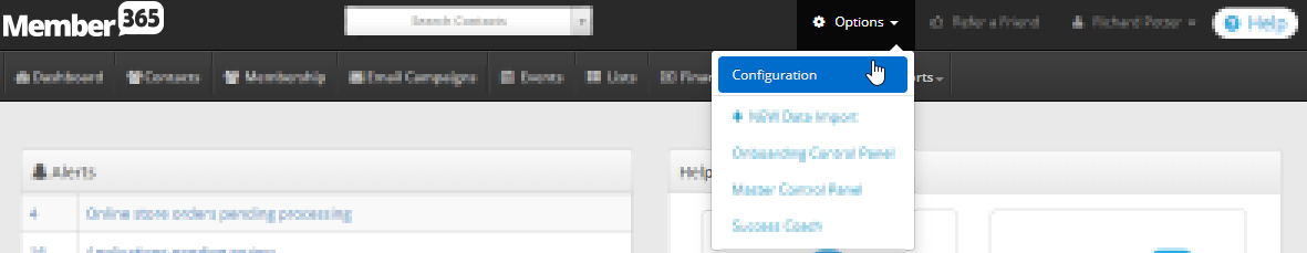Image showing 'Options' -> 'Configuration' from the administrator dashboard.