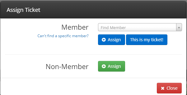 Image showing the Member search bar for ticket assignment, and the Non-Member button.