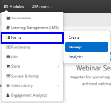 Image showing the drop-down menu that appears after clicking 'Modules', hovering over 'Forms' then indicating 'Manage' on the second drop-down menu to its right.