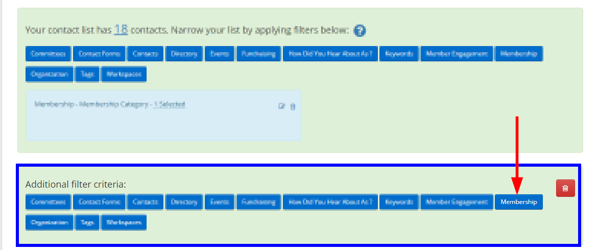 Image showing the section for additional filtering criteria, and indicating the 'Membership' button there.