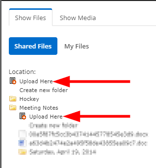 Image showing the file manager, with two 'Upload Here' options -- one at the top of the file system, and one inside the 'Meeting Notes' folder.