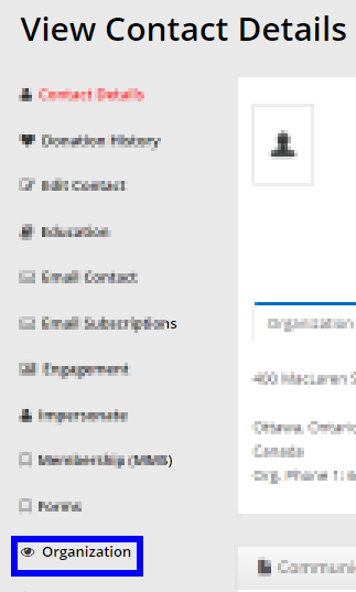 Image indicating the 'Organization' button on the left-hand side of a Contact Record.