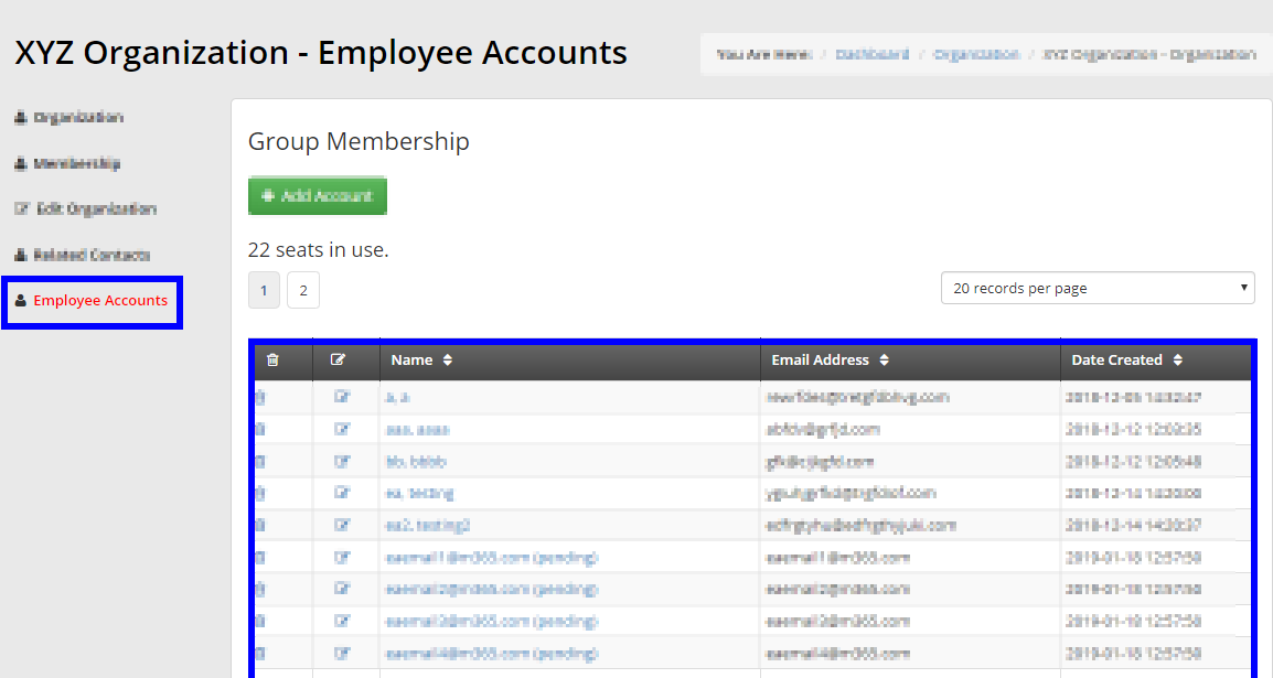 Image showing a sample 'Employee Accounts' list for XYZ Organization. We have 22 seats in use, which lists the members of the group.