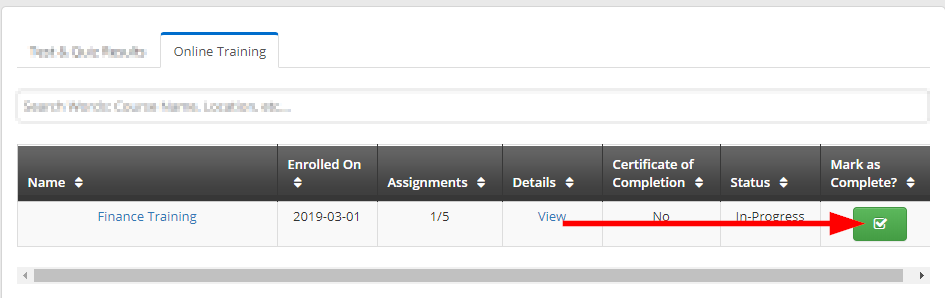 Image showing our sample LMS Course on a Contact's Education page, indicating the corresponding icon in its 'Mark as Complete?' column.
