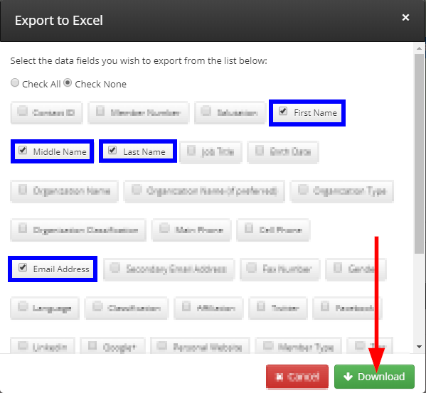 Image indicating the 'Download' button when Exporting to Excel, and showing that we have selected to pull 'First Name', 'Middle Name', 'Last Name', and 'Email Address' from the list of fields to pull.